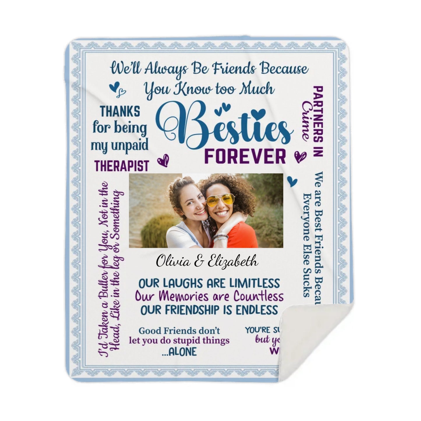 PERSONALIZED Besties Photo and Names Premium Sherpa Blanket 50×60 | Great for Friends, Sisters, Cousins also!