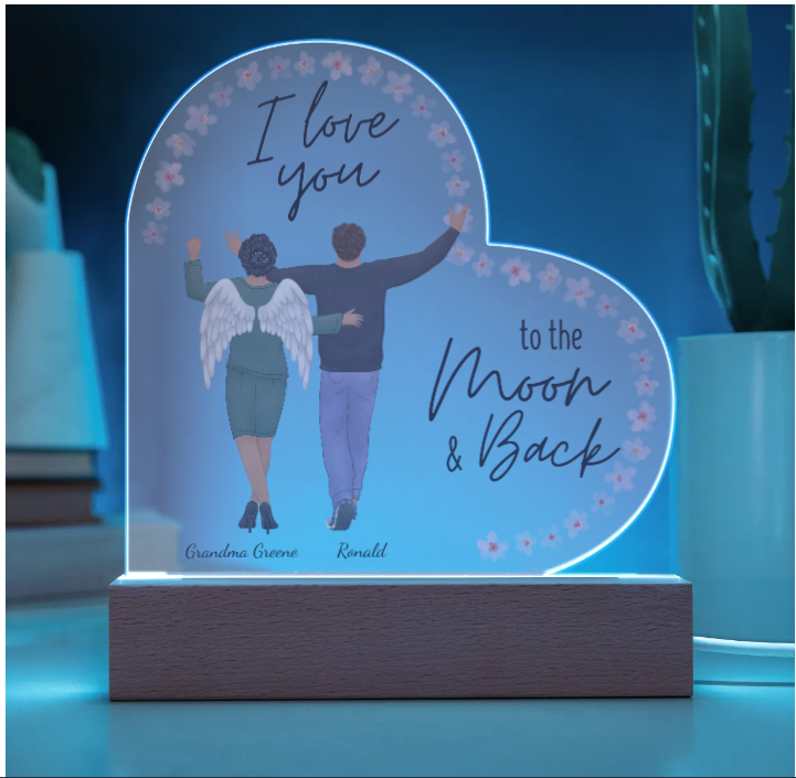 I Love You and Miss You Memorial Acrylic Heart Plaque with Optional Led Base | Grandma, Mom | Relative | Friend