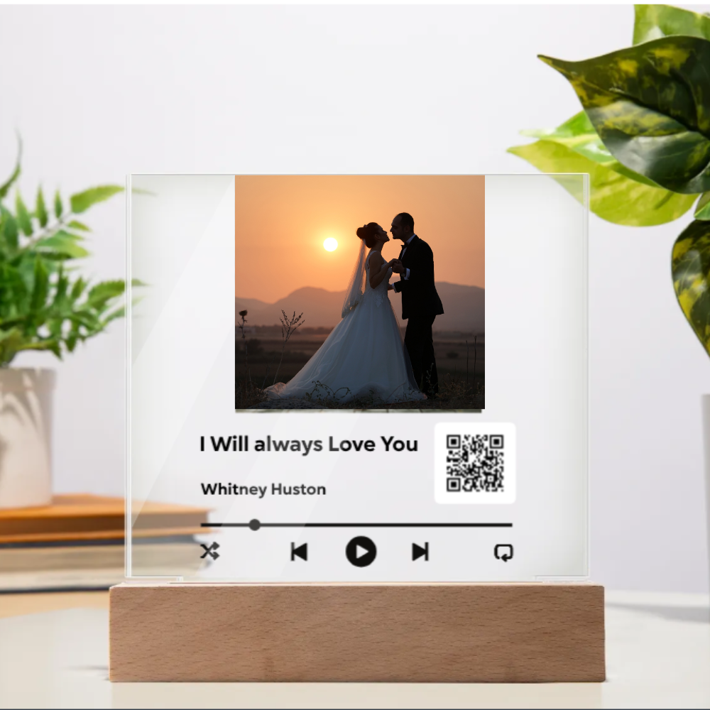 Personalized Photo and QR Code Song Upload Acrylic Square Plaque| Optional LED Base