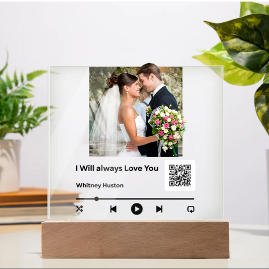 Personalized Photo and QR Code Song Upload Acrylic Square Plaque| Optional LED Base