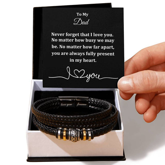 To Dad/ Men's "Love You Forever" Inscribed Bracelet with Message Card and optional LED Box - DAD