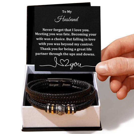 To My Husband Men's "Love You Forever" Inscribed Bracelet with Message Card with optional LED Box- Husband