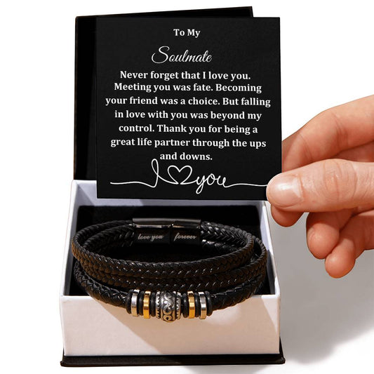 To my Soulmate/ Men's "Love You Forever" Inscribed Bracelet with Message Card and Optional LED Box - Soulmate, partner, husband.