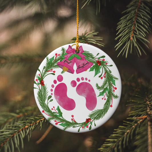 Personalized Baby's First Ornament Circle Ornament - Pink
