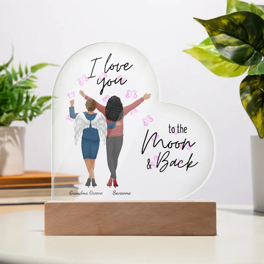 I Love You and Miss You Memorial Acrylic Heart Plaque with Optional Led Base | Grandma, Mom | Relative | Friend