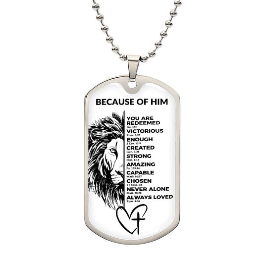 BECAUSE OF HIM WHITE DOG TAG NECKLACE | YOU ARE VICTORIOUS